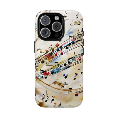 Melodic Flow music notes iPhone 16 Pro MagSafe case featuring colorful musical notation flowing across a soft abstract background.