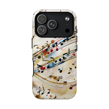 Melodic Flow music notes iPhone 17 Pro MagSafe case featuring colorful musical notation flowing across a soft abstract background.
