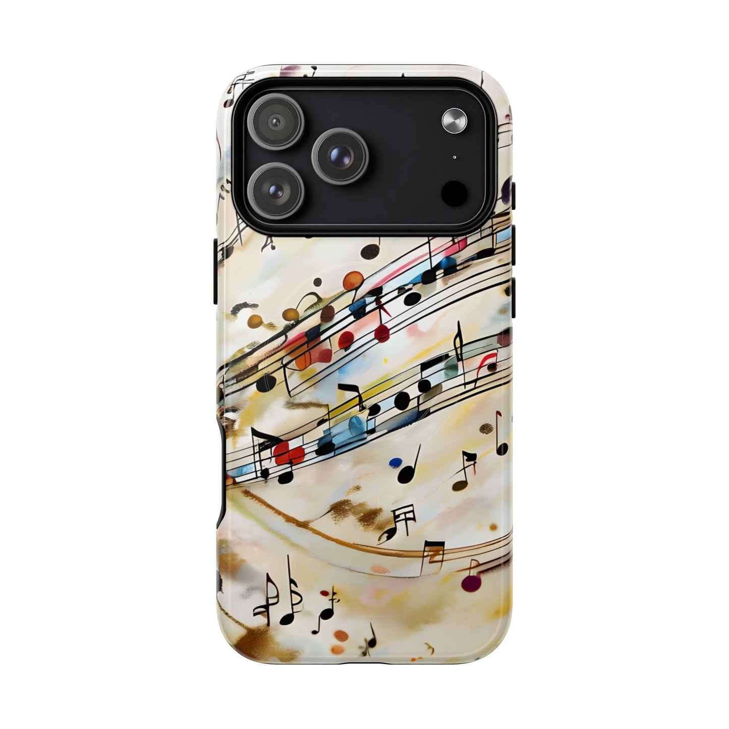 Melodic Flow music notes iPhone 17 Pro Max MagSafe case featuring colorful musical notation flowing across a soft abstract background.