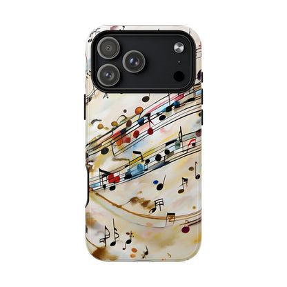 Melodic Flow music notes iPhone 17 Pro Max MagSafe case featuring colorful musical notation flowing across a soft abstract background.