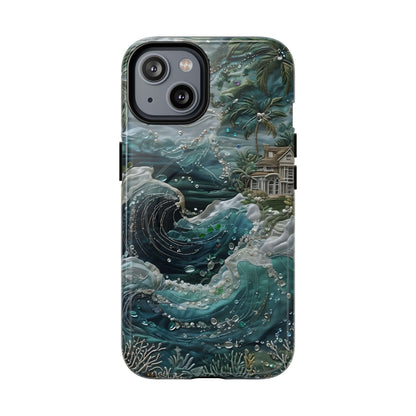 Tropical Midnight Wave iPhone 14 MagSafe case featuring dramatic ocean waves, palm trees, and a coastal tropical shoreline scene.