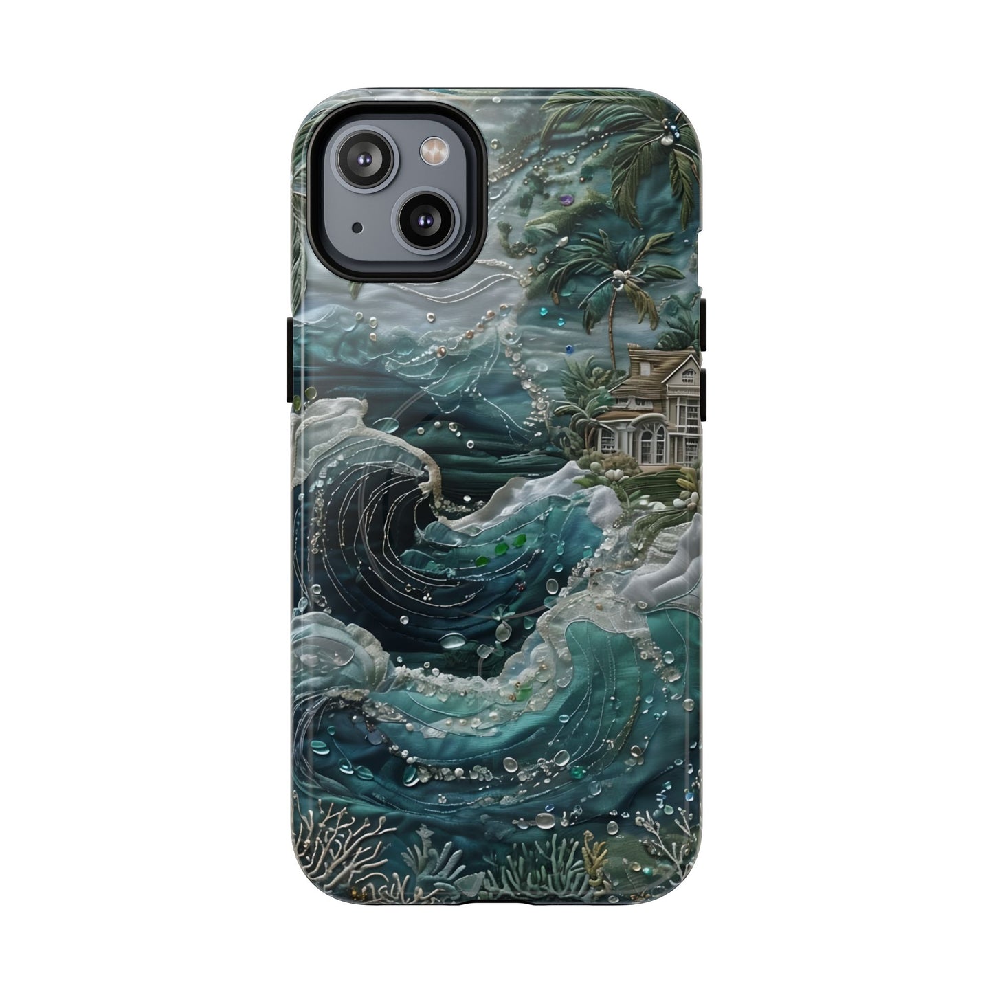 Tropical Midnight Wave iPhone 14 Plus MagSafe case featuring dramatic ocean waves, palm trees, and a coastal tropical shoreline scene.