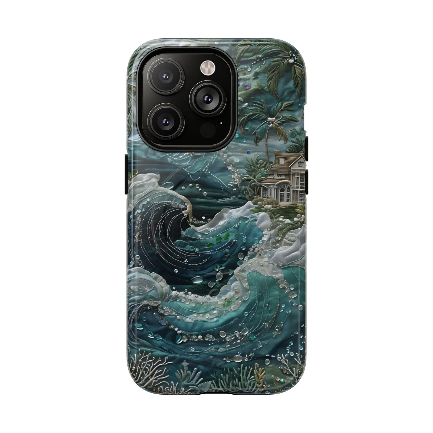 Tropical Midnight Wave iPhone 14 Pro MagSafe case featuring dramatic ocean waves, palm trees, and a coastal tropical shoreline scene.