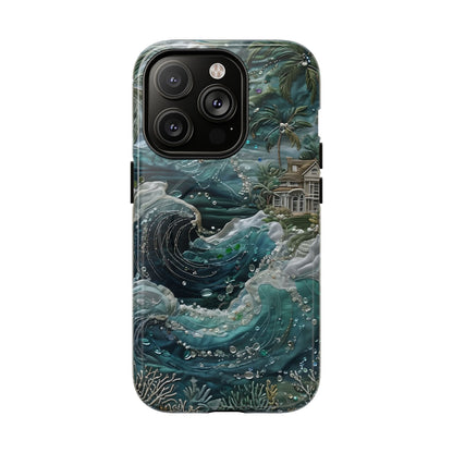 Tropical Midnight Wave iPhone 14 Pro MagSafe case featuring dramatic ocean waves, palm trees, and a coastal tropical shoreline scene.