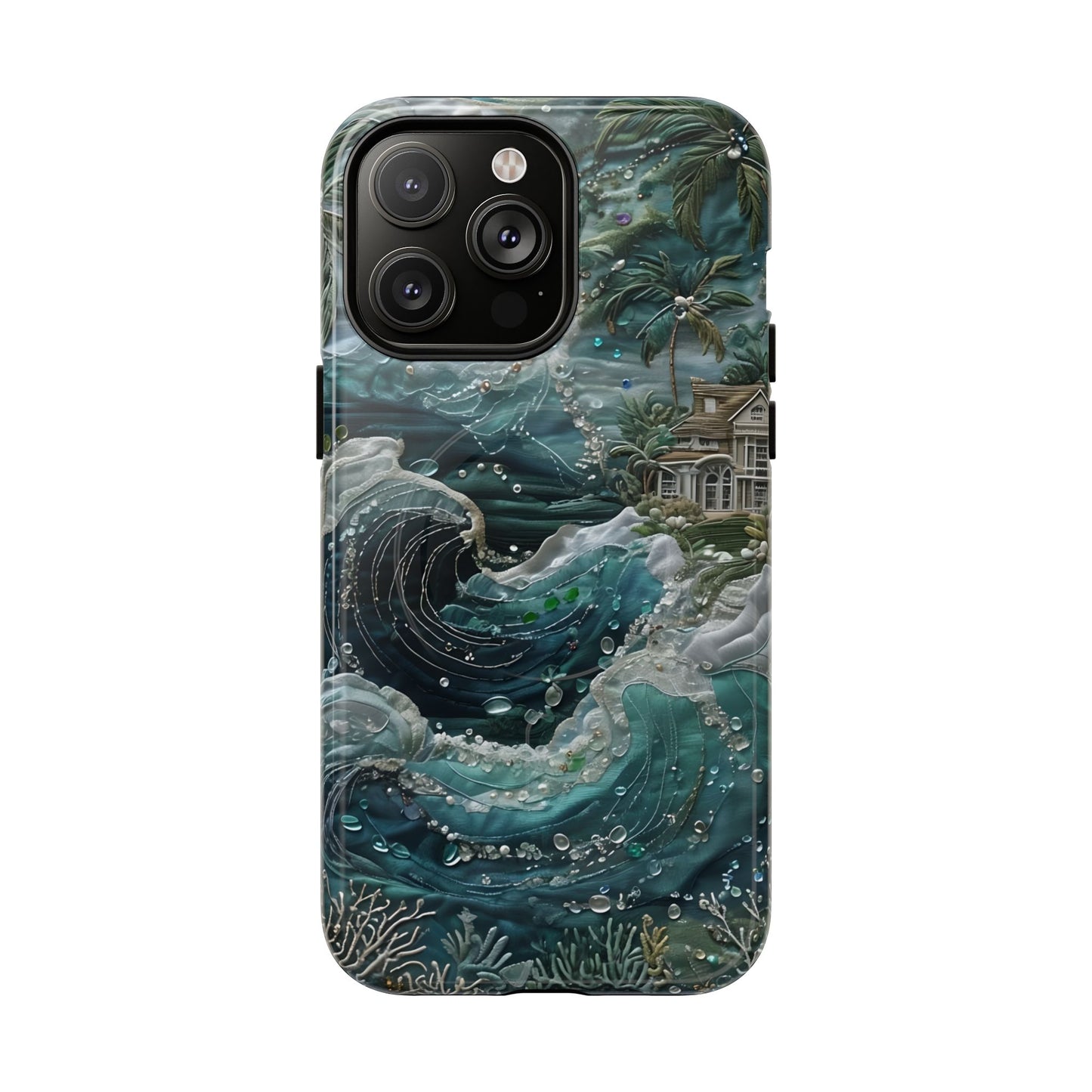 Tropical Midnight Wave iPhone 14 Pro Max MagSafe case featuring dramatic ocean waves, palm trees, and a coastal tropical shoreline scene.
