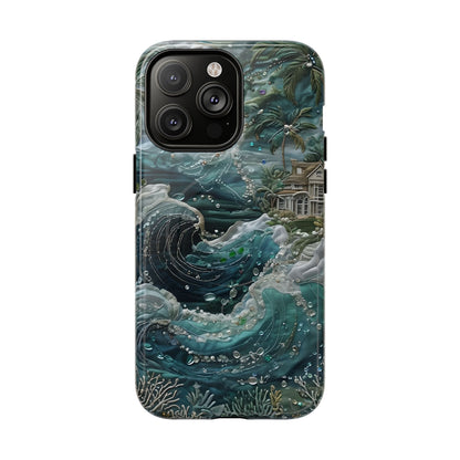 Tropical Midnight Wave iPhone 14 Pro Max MagSafe case featuring dramatic ocean waves, palm trees, and a coastal tropical shoreline scene.