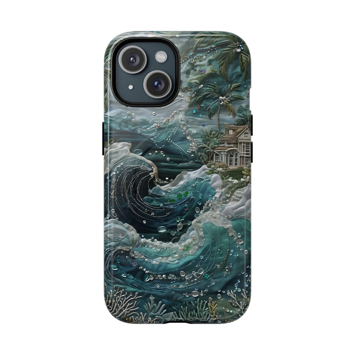 Tropical Midnight Wave iPhone 15 MagSafe case featuring dramatic ocean waves, palm trees, and a coastal tropical shoreline scene.