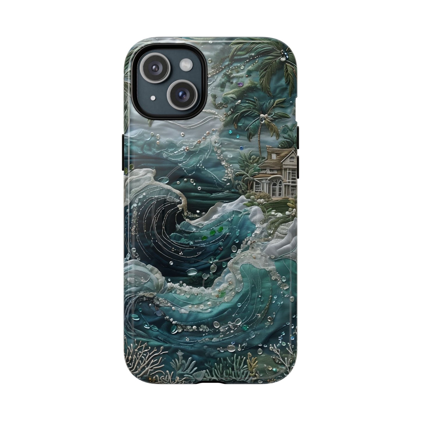 Tropical Midnight Wave iPhone 15 Plus MagSafe case featuring dramatic ocean waves, palm trees, and a coastal tropical shoreline scene.