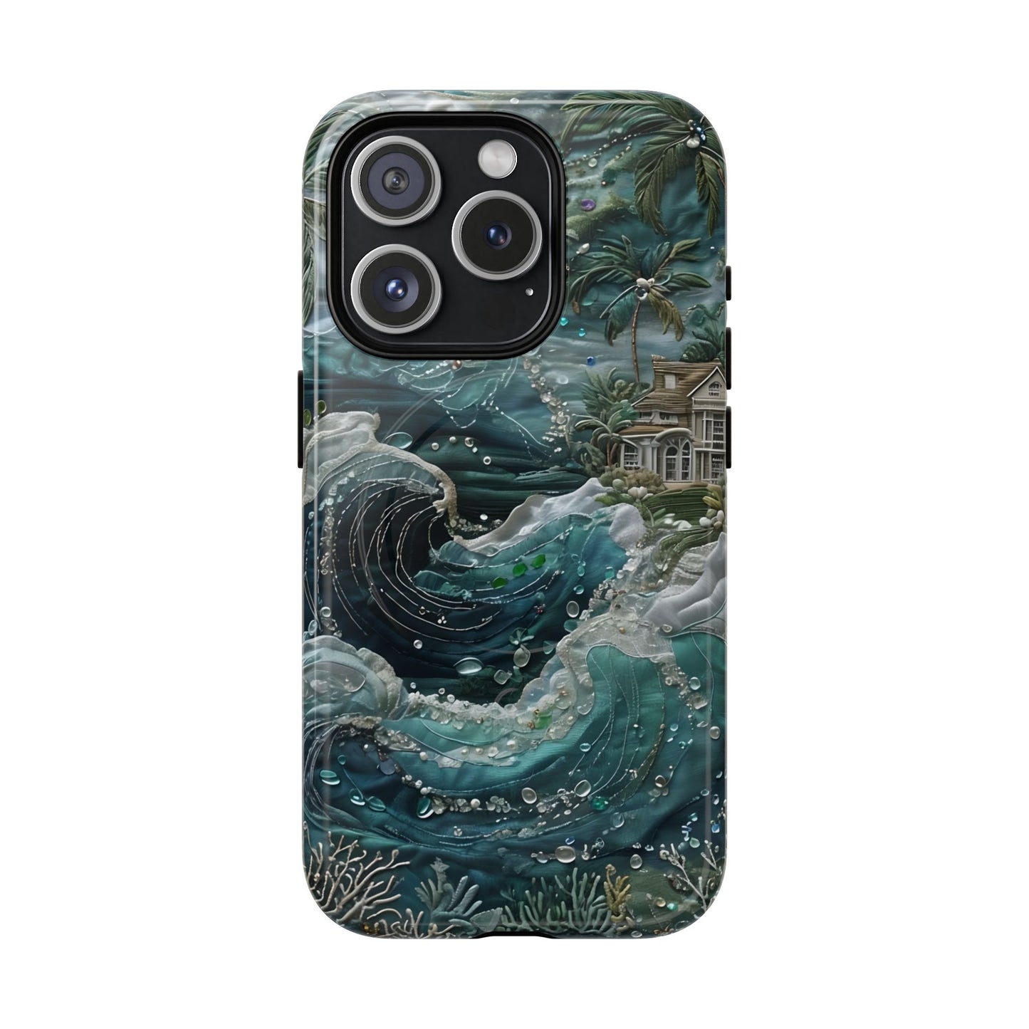 Tropical Midnight Wave iPhone 15 Pro MagSafe case featuring dramatic ocean waves, palm trees, and a coastal tropical shoreline scene.