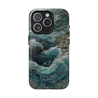 Tropical Midnight Wave iPhone 15 Pro MagSafe case featuring dramatic ocean waves, palm trees, and a coastal tropical shoreline scene.