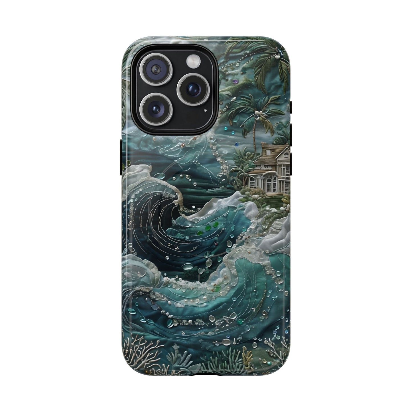 Tropical Midnight Wave iPhone 15 Pro Max MagSafe case featuring dramatic ocean waves, palm trees, and a coastal tropical shoreline scene.