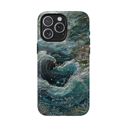 Tropical Midnight Wave iPhone 15 Pro Max MagSafe case featuring dramatic ocean waves, palm trees, and a coastal tropical shoreline scene.