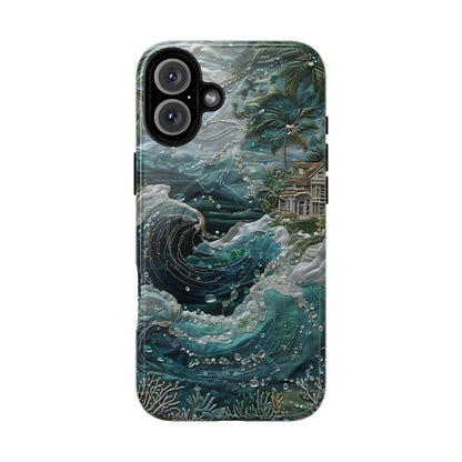 Tropical Midnight Wave iPhone 16 Plus MagSafe case featuring dramatic ocean waves, palm trees, and a coastal tropical shoreline scene.