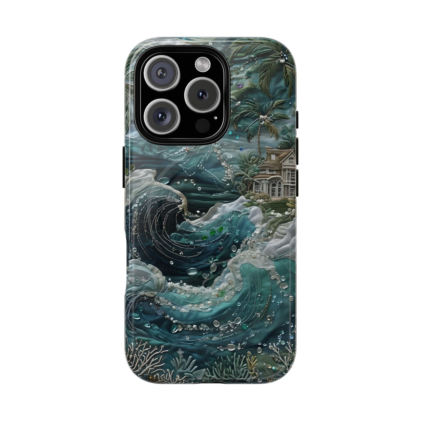 Tropical Midnight Wave iPhone 16 Pro MagSafe case featuring dramatic ocean waves, palm trees, and a coastal tropical shoreline scene.