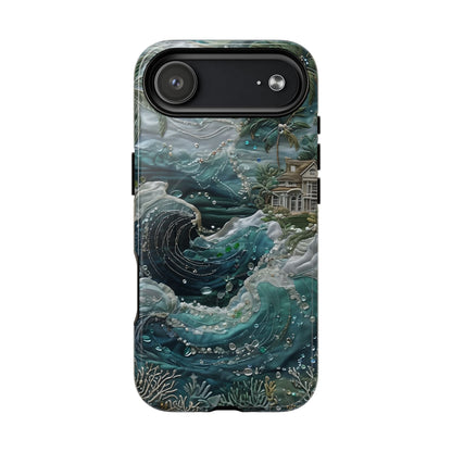 Tropical Midnight Wave iPhone 17 Air MagSafe case featuring dramatic ocean waves, palm trees, and a coastal tropical shoreline scene.