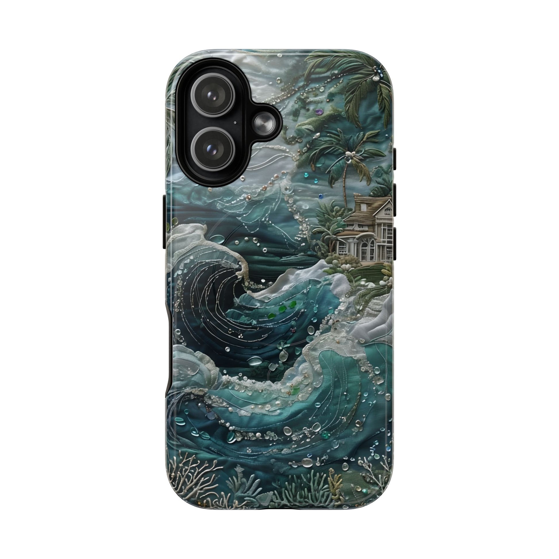 Tropical Midnight Wave iPhone 17 MagSafe case featuring dramatic ocean waves, palm trees, and a coastal tropical shoreline scene.