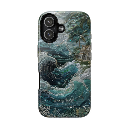 Tropical Midnight Wave iPhone 17 MagSafe case featuring dramatic ocean waves, palm trees, and a coastal tropical shoreline scene.