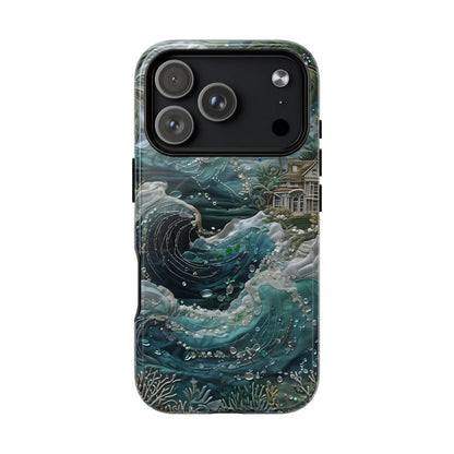 Tropical Midnight Wave iPhone 17 Pro MagSafe case featuring dramatic ocean waves, palm trees, and a coastal tropical shoreline scene.