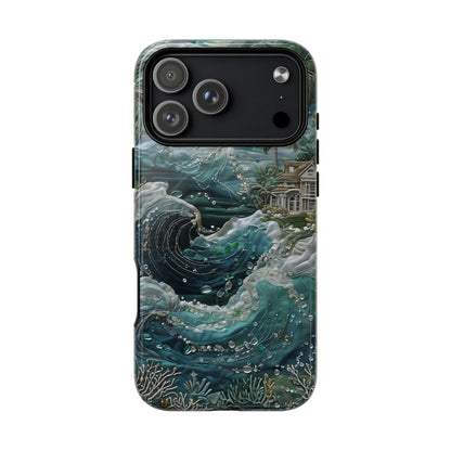 Tropical Midnight Wave iPhone 17 Pro Max MagSafe case featuring dramatic ocean waves, palm trees, and a coastal tropical shoreline scene.