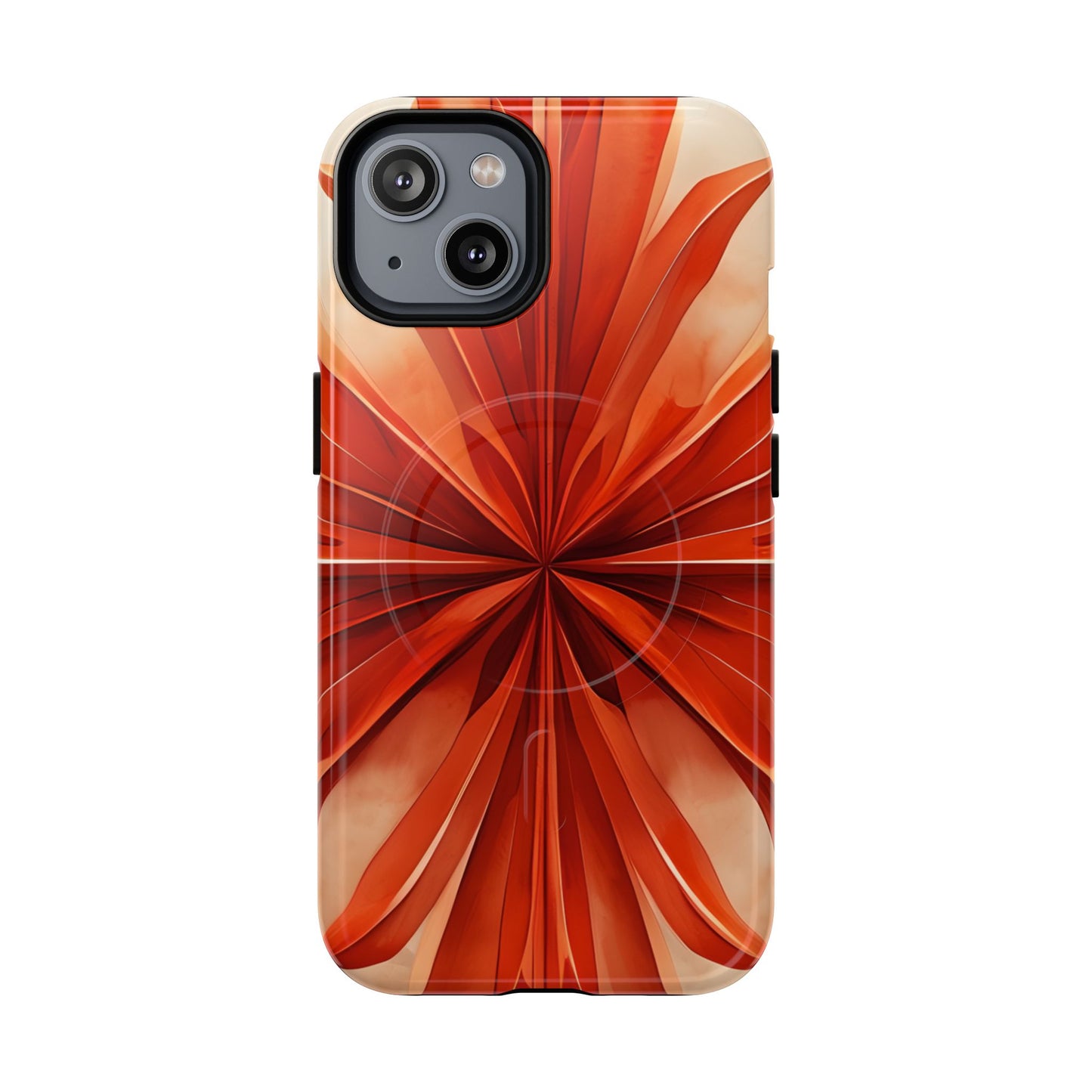 Sunset Fleur iPhone 14 MagSafe case featuring a vibrant orange abstract floral design with radiant petal-like symmetry and warm sunset tones.