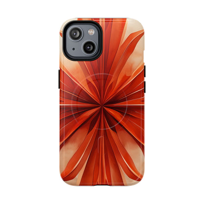 Sunset Fleur iPhone 14 MagSafe case featuring a vibrant orange abstract floral design with radiant petal-like symmetry and warm sunset tones.