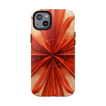 Sunset Fleur iPhone 14 Plus MagSafe case featuring a vibrant orange abstract floral design with radiant petal-like symmetry and warm sunset tones.