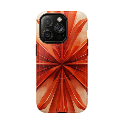 Sunset Fleur iPhone 14 Pro MagSafe case featuring a vibrant orange abstract floral design with radiant petal-like symmetry and warm sunset tones.