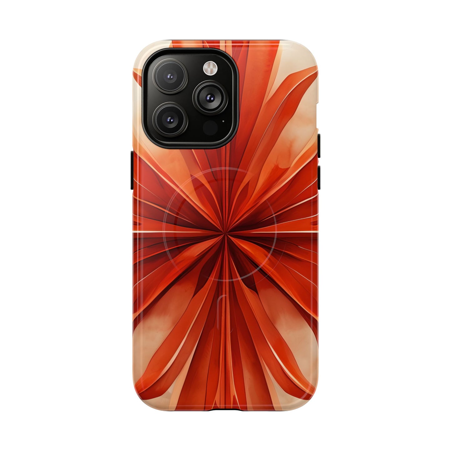 Sunset Fleur iPhone 14 Pro Max MagSafe case featuring a vibrant orange abstract floral design with radiant petal-like symmetry and warm sunset tones.