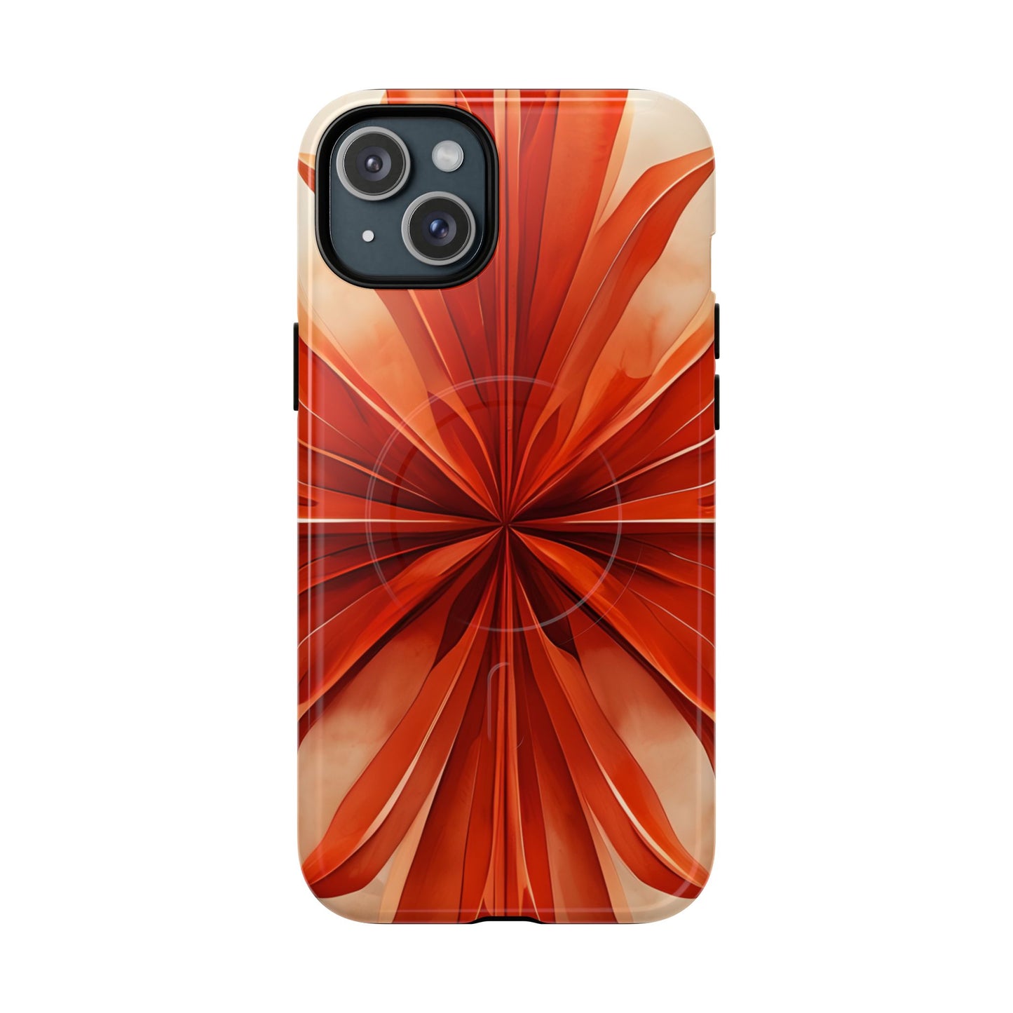 Sunset Fleur iPhone 15 Plus MagSafe case featuring a vibrant orange abstract floral design with radiant petal-like symmetry and warm sunset tones.