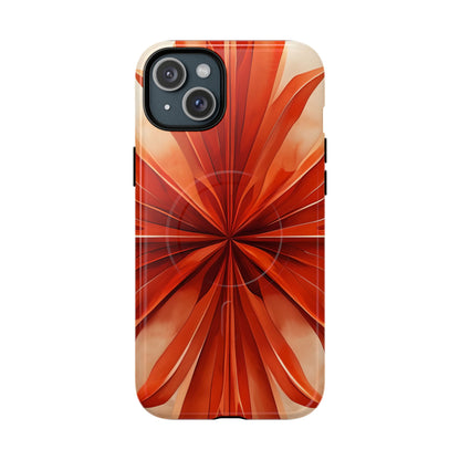 Sunset Fleur iPhone 15 Plus MagSafe case featuring a vibrant orange abstract floral design with radiant petal-like symmetry and warm sunset tones.
