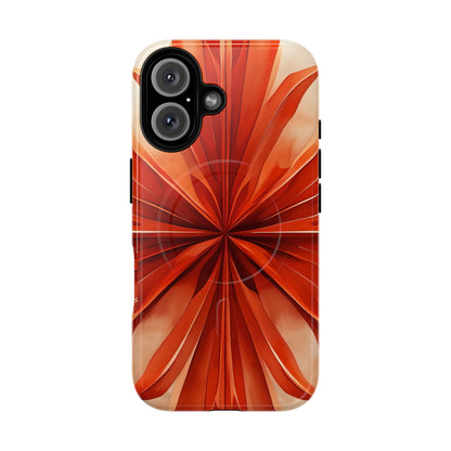 Sunset Fleur iPhone 16 MagSafe case featuring a vibrant orange abstract floral design with radiant petal-like symmetry and warm sunset tones.