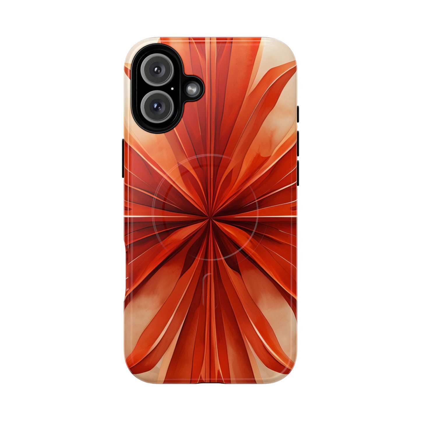 Sunset Fleur iPhone 16 Plus MagSafe case featuring a vibrant orange abstract floral design with radiant petal-like symmetry and warm sunset tones.