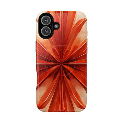 Sunset Fleur iPhone 16 Plus MagSafe case featuring a vibrant orange abstract floral design with radiant petal-like symmetry and warm sunset tones.