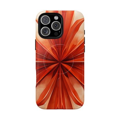 Sunset Fleur iPhone 16 Pro Max MagSafe case featuring a vibrant orange abstract floral design with radiant petal-like symmetry and warm sunset tones.