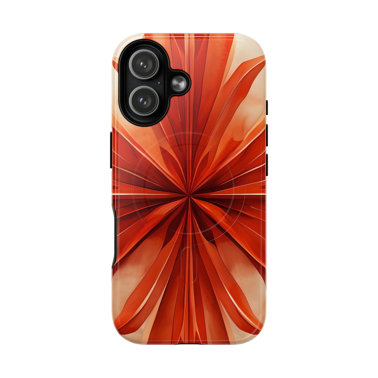 Sunset Fleur iPhone 17 MagSafe case featuring a vibrant orange abstract floral design with radiant petal-like symmetry and warm sunset tones.