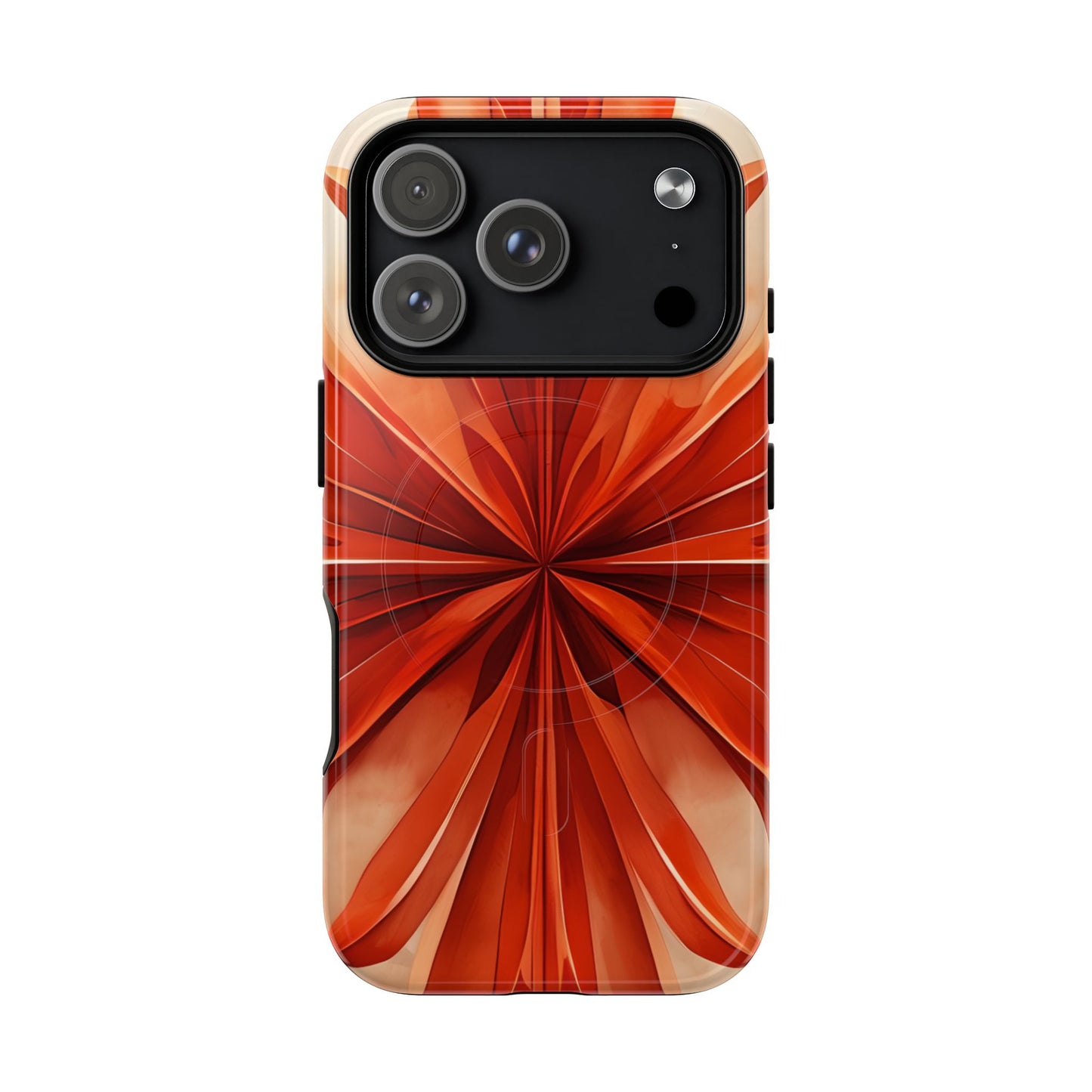 Sunset Fleur iPhone 17 Pro MagSafe case featuring a vibrant orange abstract floral design with radiant petal-like symmetry and warm sunset tones.