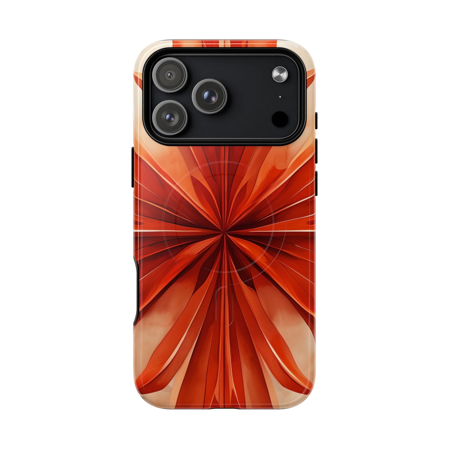 Sunset Fleur iPhone 17 Pro Max MagSafe case featuring a vibrant orange abstract floral design with radiant petal-like symmetry and warm sunset tones.