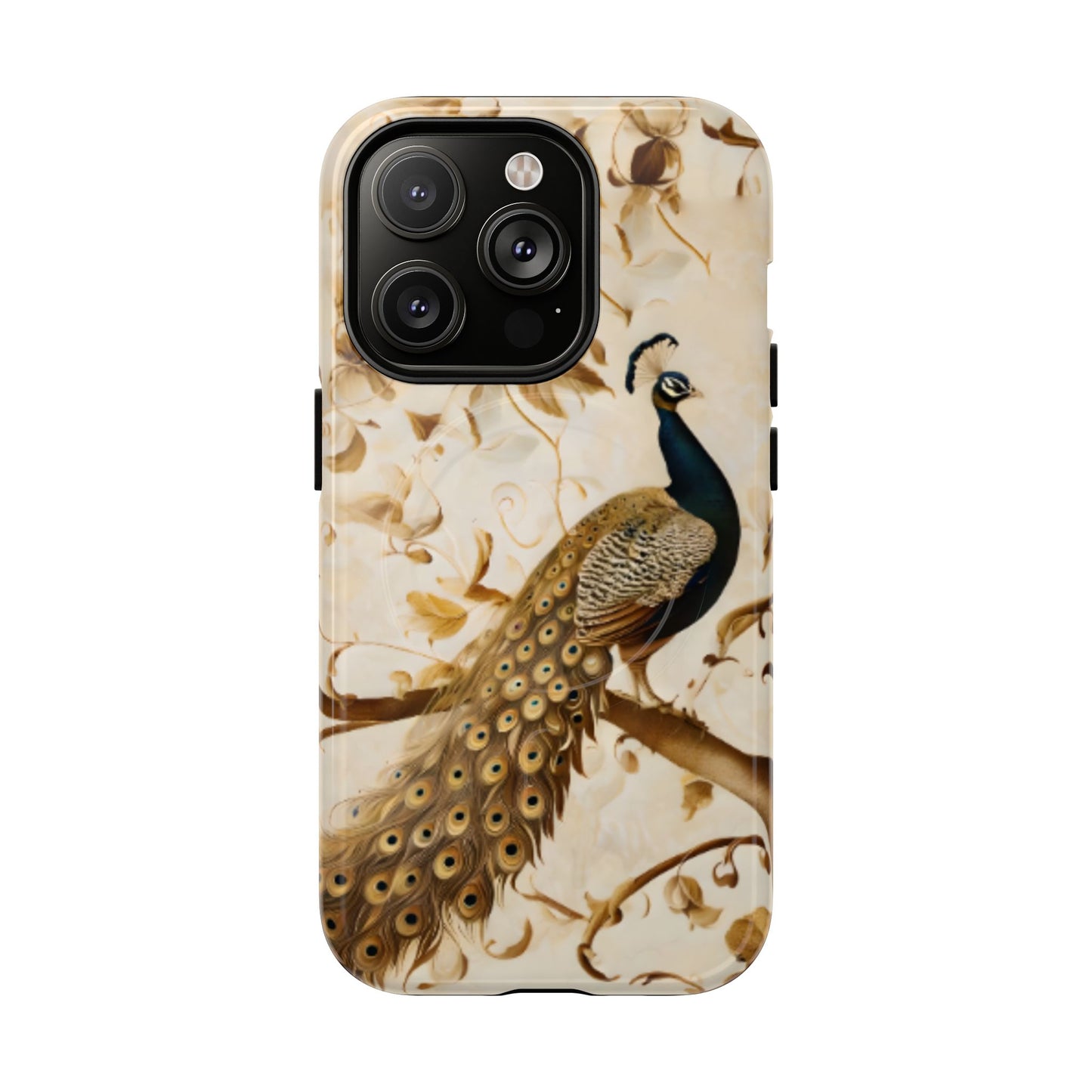 Golden Plumage iPhone 14 Pro MagSafe case featuring a detailed peacock with flowing feather tail on a soft vintage botanical background.