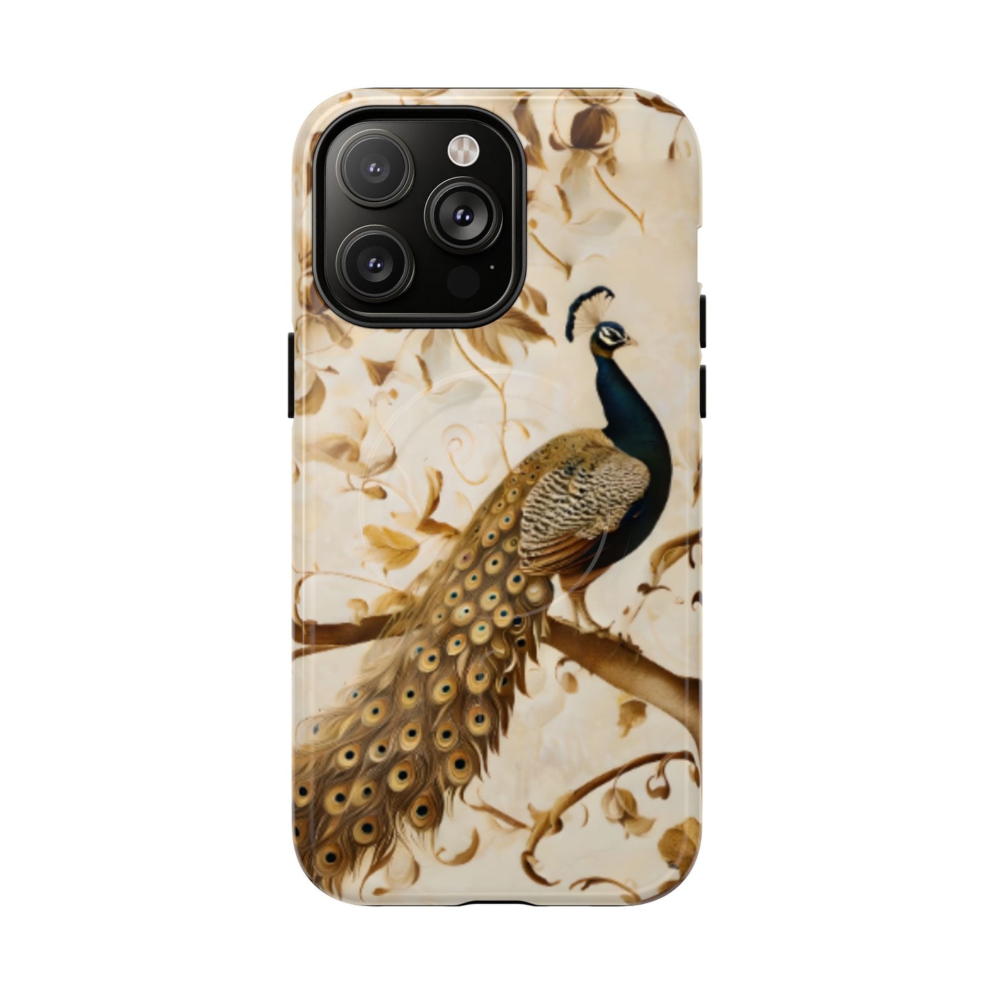 Golden Plumage iPhone 14 Pro Max MagSafe case featuring a detailed peacock with flowing feather tail on a soft vintage botanical background.