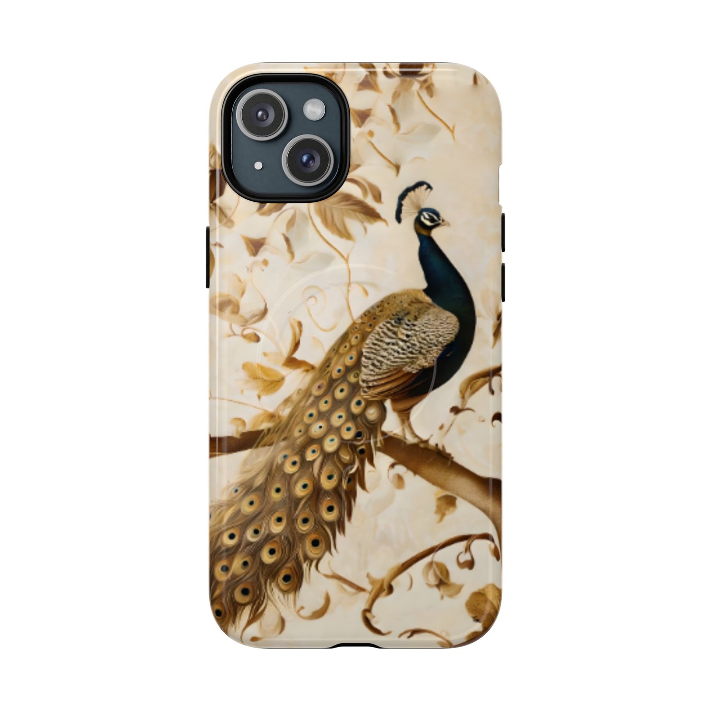 Golden Plumage iPhone 15 Plus MagSafe case featuring a detailed peacock with flowing feather tail on a soft vintage botanical background.
