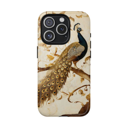 Golden Plumage iPhone 15 Pro MagSafe case featuring a detailed peacock with flowing feather tail on a soft vintage botanical background.