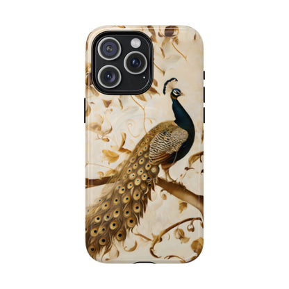 Golden Plumage iPhone 15 Pro Max MagSafe case featuring a detailed peacock with flowing feather tail on a soft vintage botanical background.