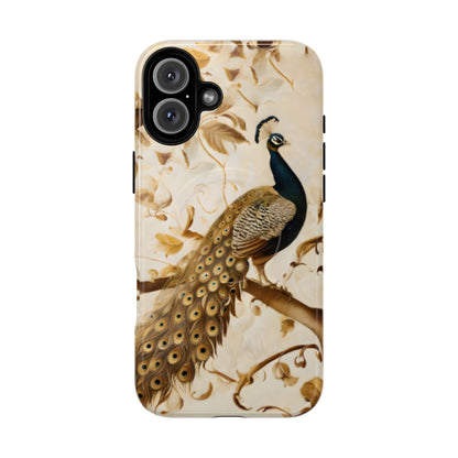 Golden Plumage iPhone 16 Plus MagSafe case featuring a detailed peacock with flowing feather tail on a soft vintage botanical background.