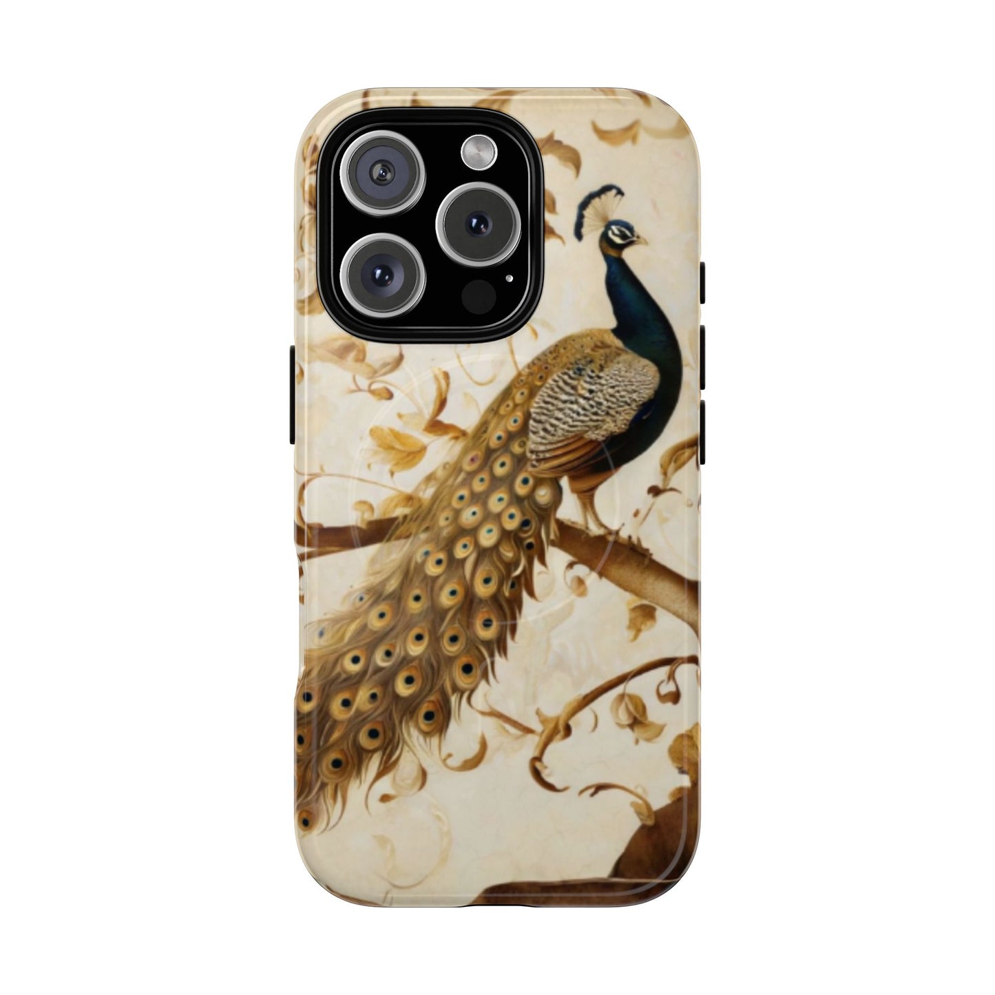 Golden Plumage iPhone 16 Pro MagSafe case featuring a detailed peacock with flowing feather tail on a soft vintage botanical background.