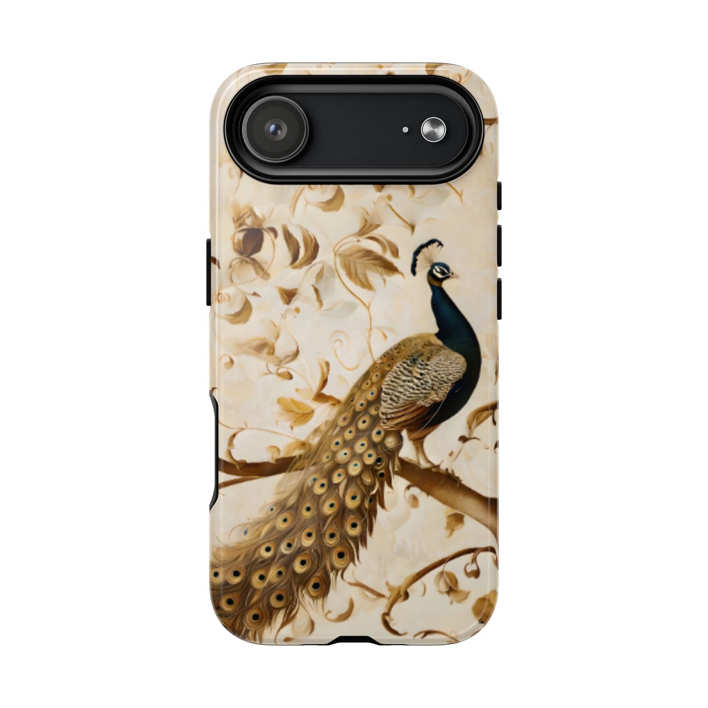 Golden Plumage iPhone 17 Air MagSafe case featuring a detailed peacock with flowing feather tail on a soft vintage botanical background.