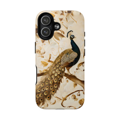 Golden Plumage iPhone 17 MagSafe case featuring a detailed peacock with flowing feather tail on a soft vintage botanical background.