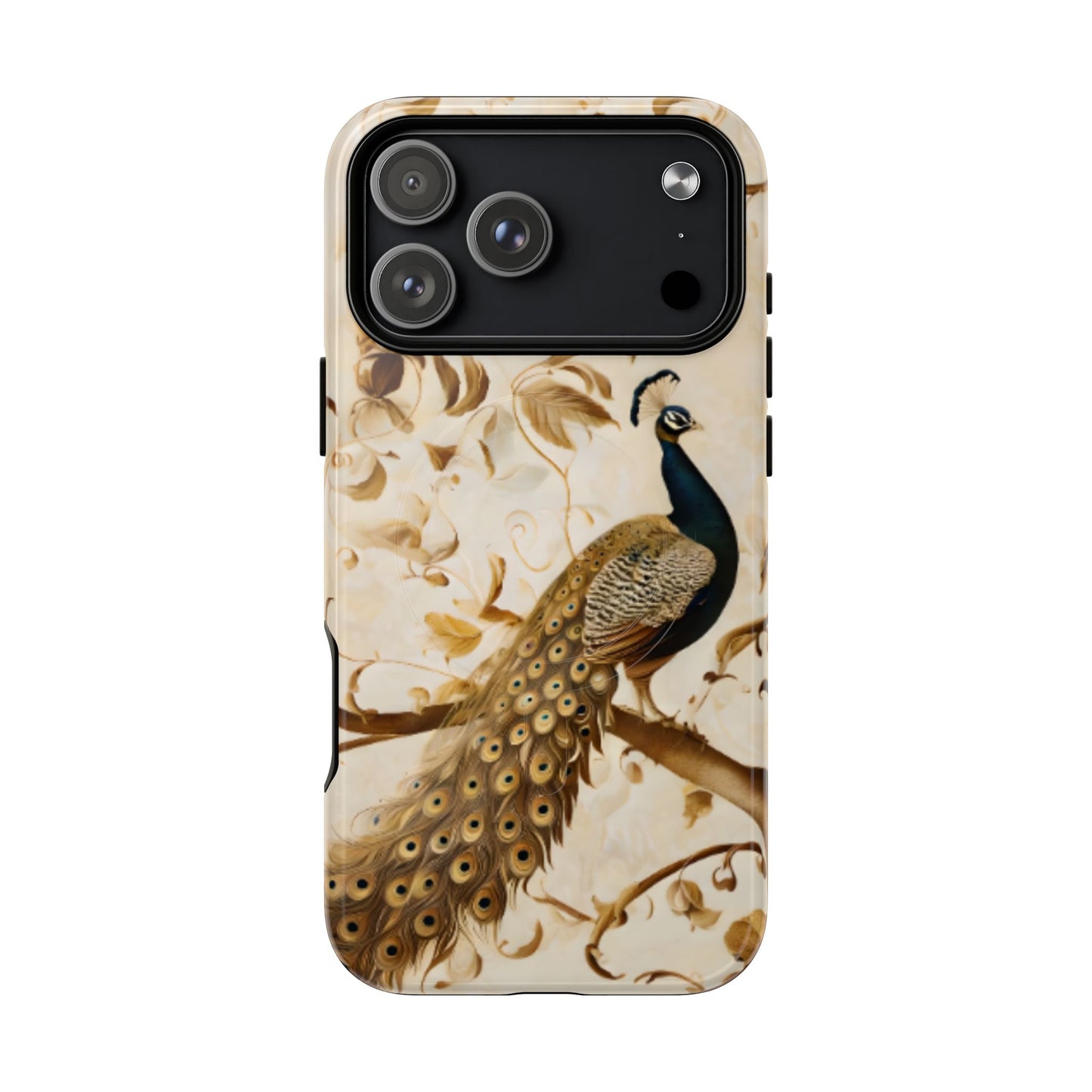 Golden Plumage iPhone 17 Pro Max MagSafe case featuring a detailed peacock with flowing feather tail on a soft vintage botanical background.