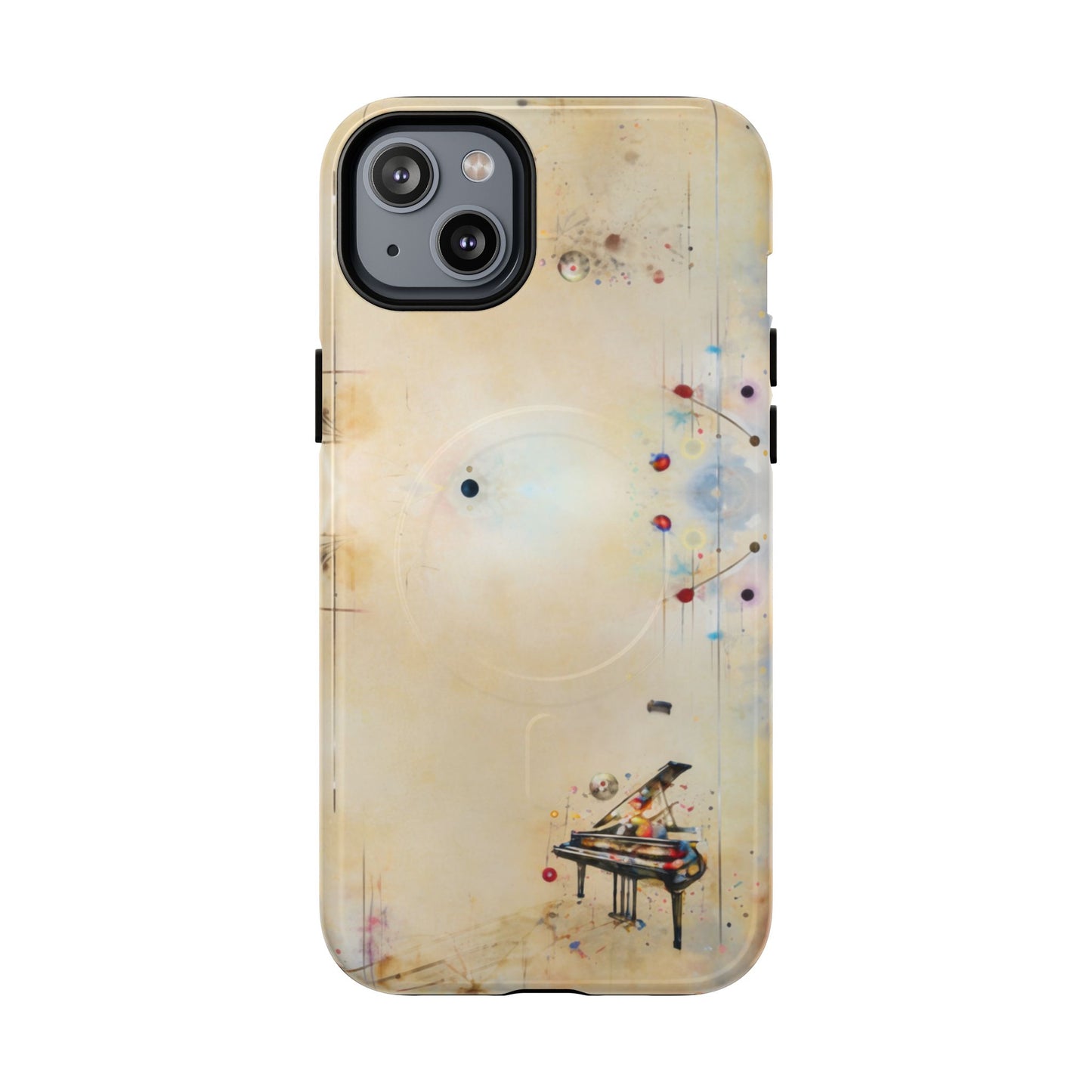 Keys of Imagination iPhone 14 Plus MagSafe case featuring a minimalist piano with colorful abstract musical elements on a soft neutral background.