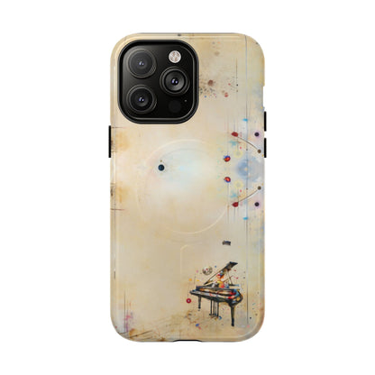 Keys of Imagination iPhone 14 Pro Max MagSafe case featuring a minimalist piano with colorful abstract musical elements on a soft neutral background.