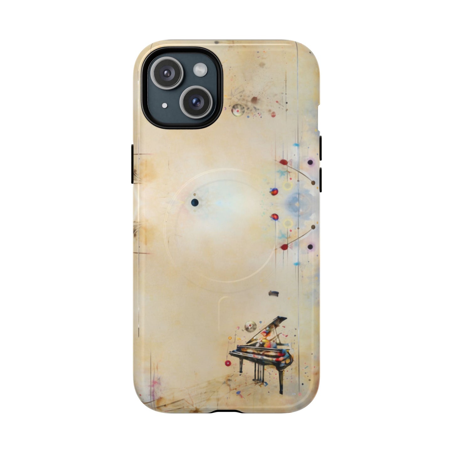 Keys of Imagination iPhone 15 Plus MagSafe case featuring a minimalist piano with colorful abstract musical elements on a soft neutral background.